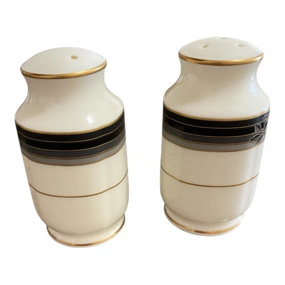 Noritake Salt & Pepper Shakers, Spell Binder, Gray, Black, Gold Stripe, Roses.